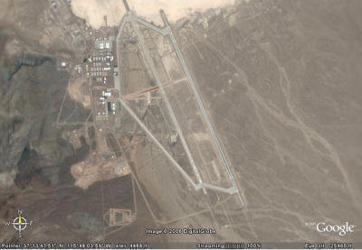 A zoomed out view of the main buildings at Area 51. This image was captured using Google Earth